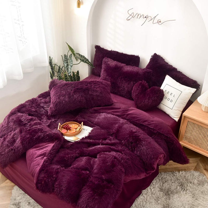 MorroMorn 5 PCS Shaggy Duvet Cover Bedding Set - Fluffy Comforter Cover Long Faux Fur Luxury Ultra Soft Cozy (Maroon, Full/Queen) - Image 5